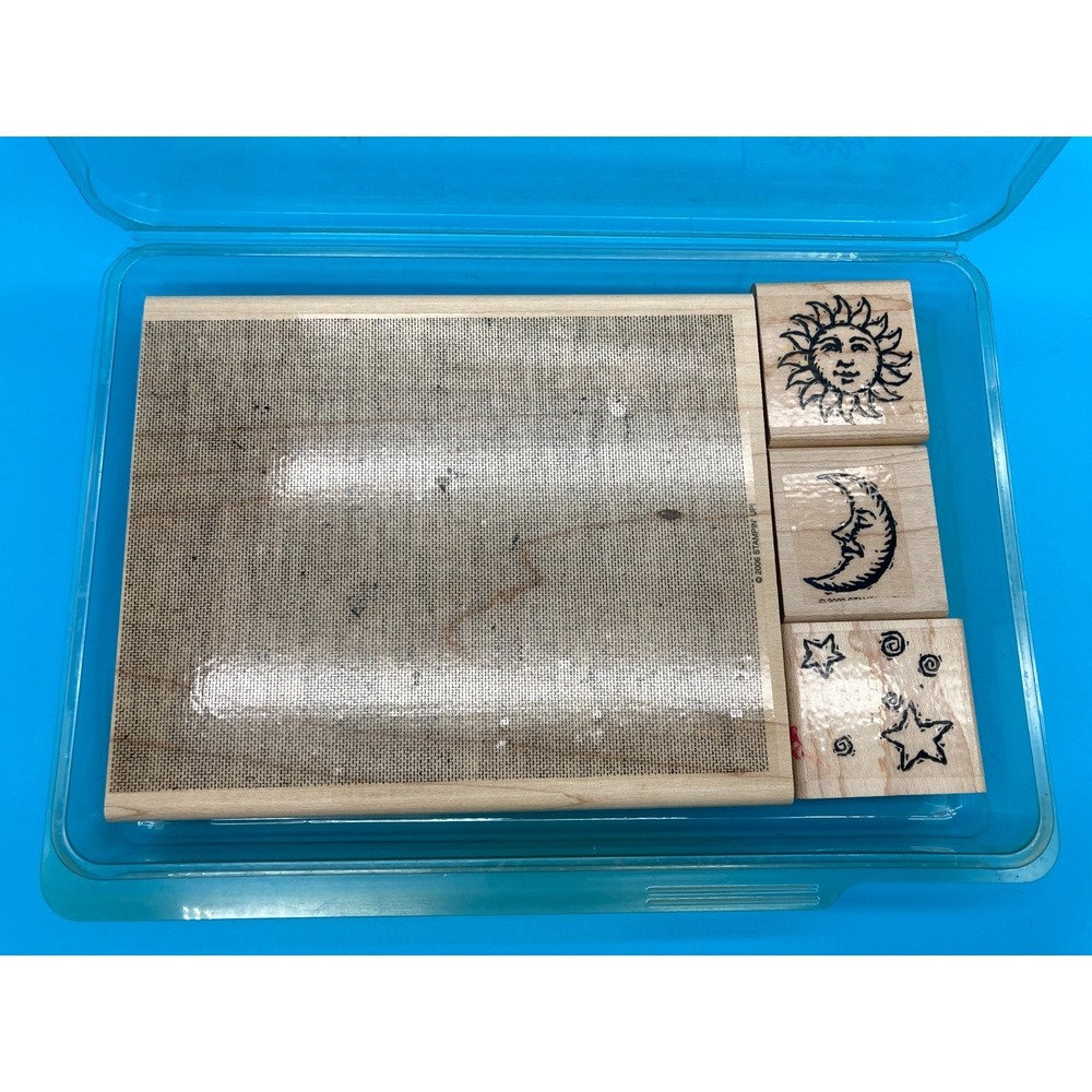 2006 Stampin' Up! Celestial Moon & Stars & Linen Texture Wood Block Stamp Set